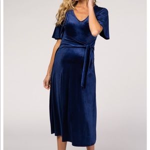 PinkBlush - Navy Blue Velvet Midi Maternity Dress